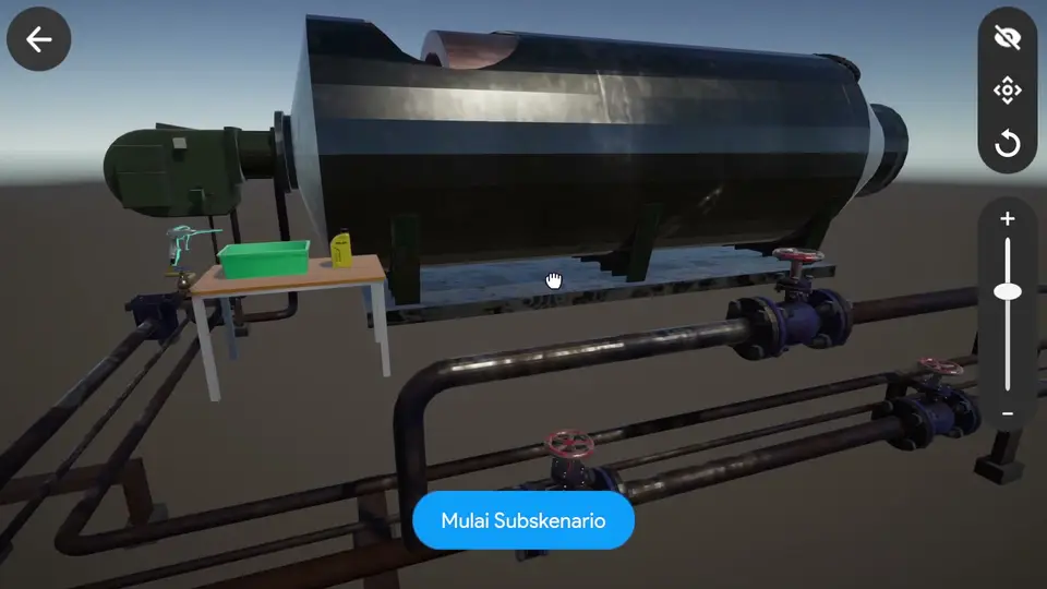 Tampilan 3D Visualization: model mesin pabrik dengan pilihan alat pemeliharaan